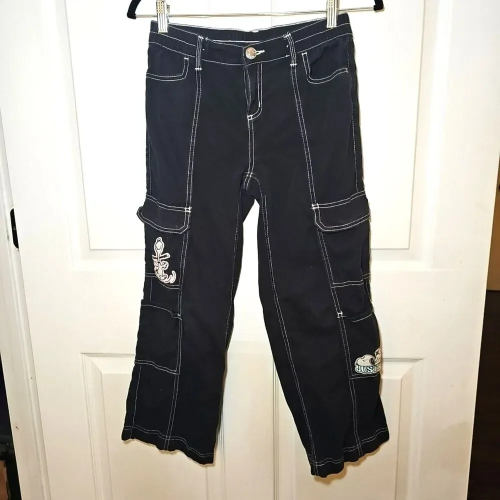 Justice Peanuts Snoopy Black Wide Leg Cargo Pants Girls Size 14